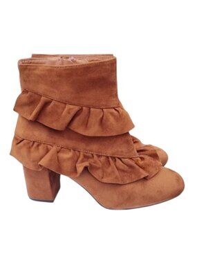 WEEBOO Cognac Faux Suede Ruffled Ankle Boots Size 10